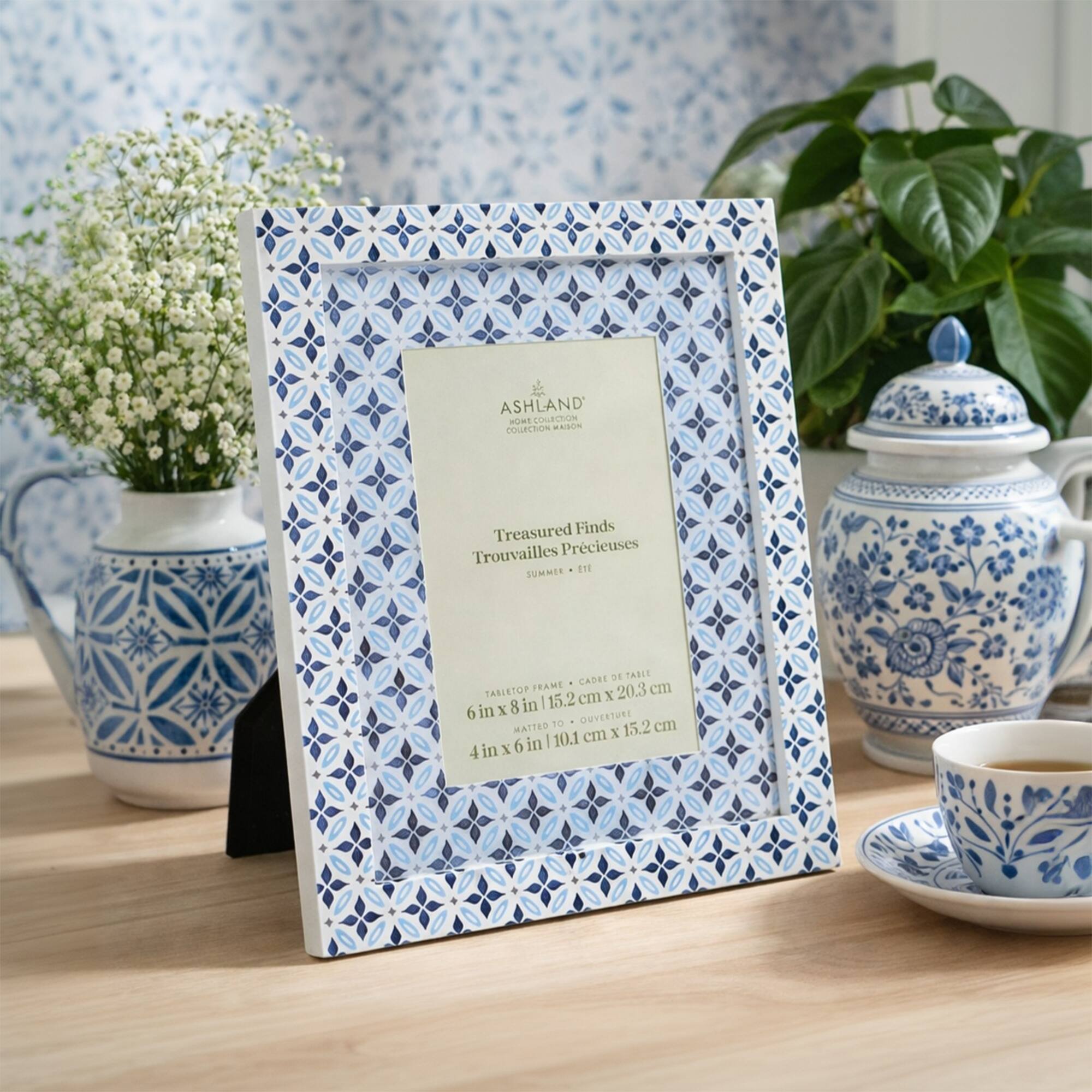 4" x 6" Blue & White Tile Pattern Tabletop Frame with Mat, Treasured Finds by Ashland®